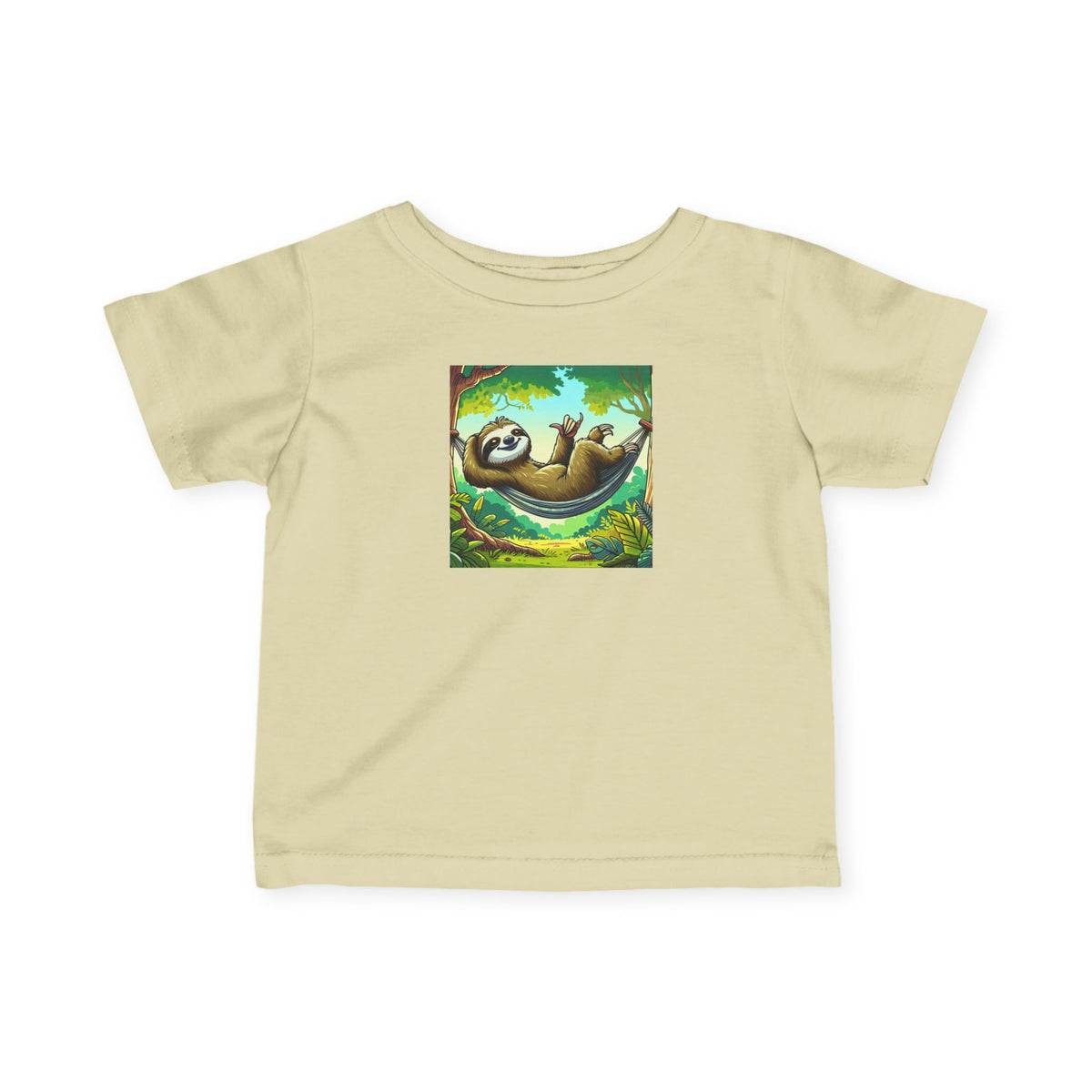 Baby's infant tee featuring a cute sloth nap graphic, soft cotton kids shirt by Printify, perfect for little ones.
