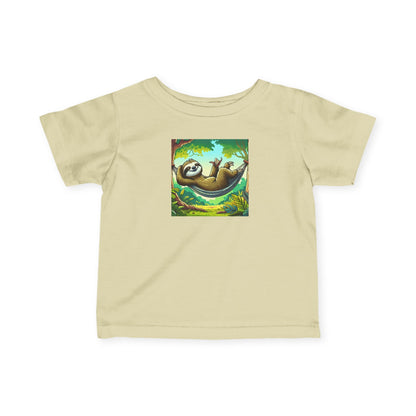 Baby's infant tee featuring a cute sloth nap graphic, soft cotton kids shirt by Printify, perfect for little ones.