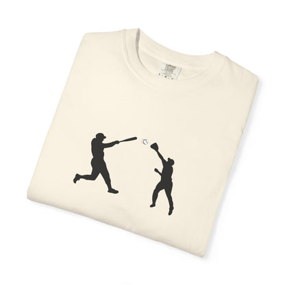 Black baseball silhouette graphic T-shirt for men, featuring minimal baseball player design on the front.