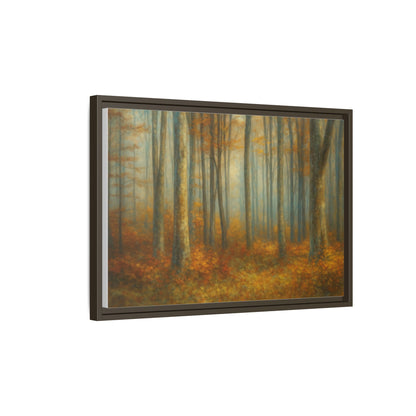 Framed autumn forest canvas print featuring misty woodland scene, wall art by Printify with vibrant natural colors.