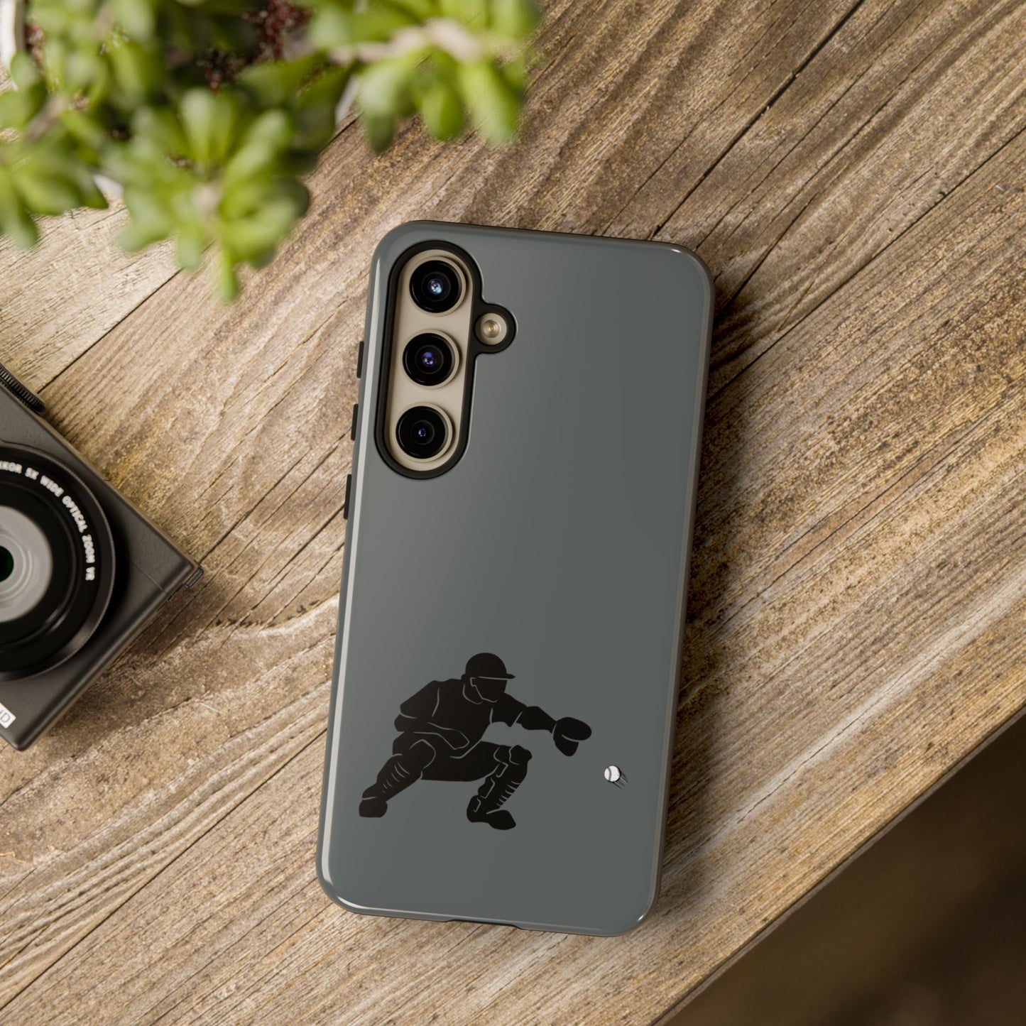 Printify baseball catcher phone case, tough protective cover with baseball glove and ball design for iPhone or Android.