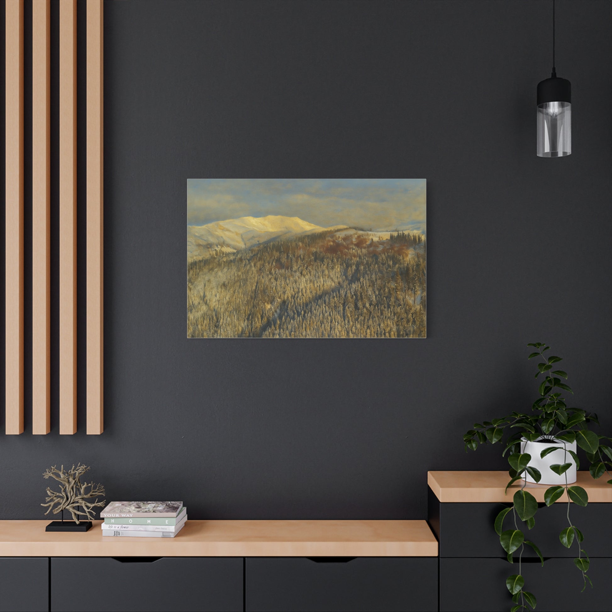 Winter mountain landscape canvas print by Printify, stretched 1.25 inches, featuring a scenic mountain scene on high-quality matte canvas.