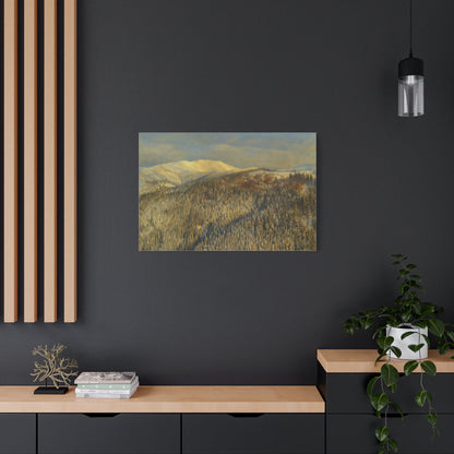 Winter mountain landscape canvas print by Printify, stretched 1.25 inches, featuring a scenic mountain scene on high-quality matte canvas.