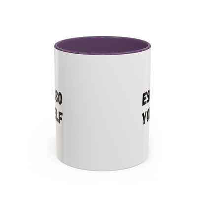 White ceramic Espresso Yourself coffee mug with humorous text, 11 oz, ideal for coffee lovers and gift-giving.