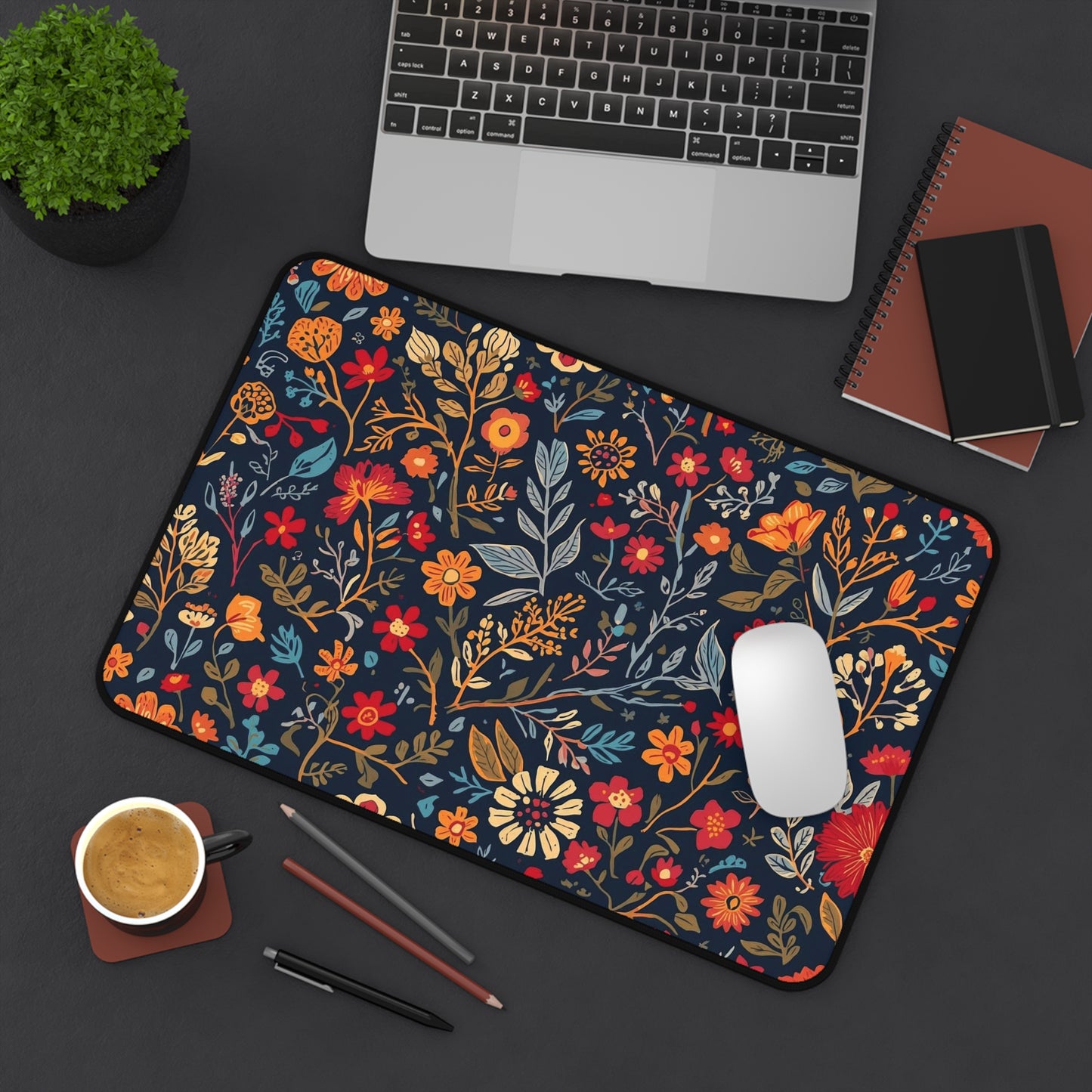Autumn floral patterned desk mat from Printify featuring fall flowers, ideal for office or home workspace.