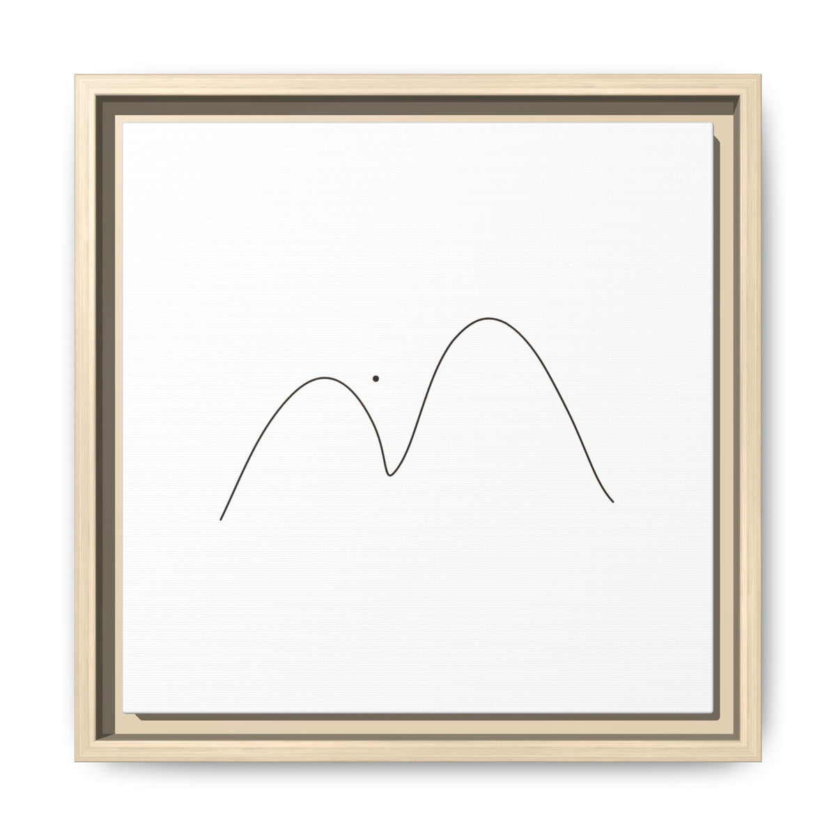 Framed matte canvas print of minimalist mountain line art by Printify, showcasing simple black mountain outline on white background.