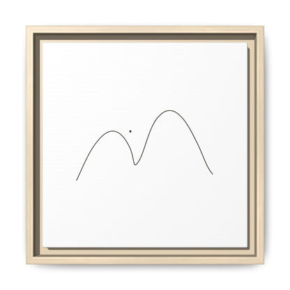 Framed matte canvas print of minimalist mountain line art by Printify, showcasing simple black mountain outline on white background.