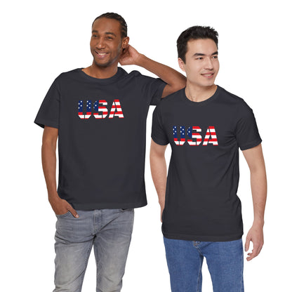 USA Flag Text Tee — Patriotic Fourth of July T-Shirt