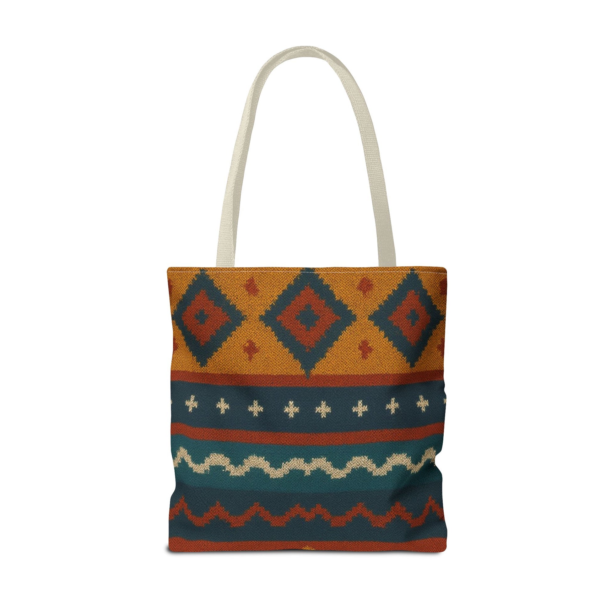 Southwestern diamond pattern tote bag with Aztec tribal geometric print, featuring sturdy handles and spacious interior.