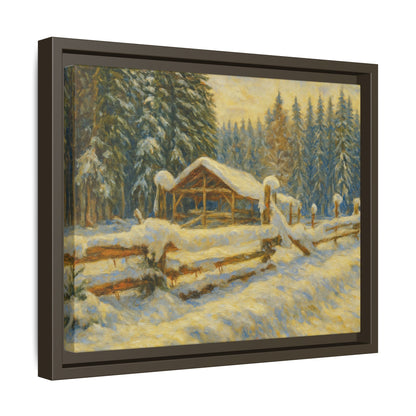 Snowy cabin matte canvas framed wall art featuring a winter landscape painting with snow-covered trees and a cozy cabin scene.
