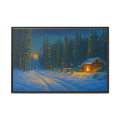 Cozy winter cabin matte framed canvas wall art featuring a snowy forest evening scene by Printify.