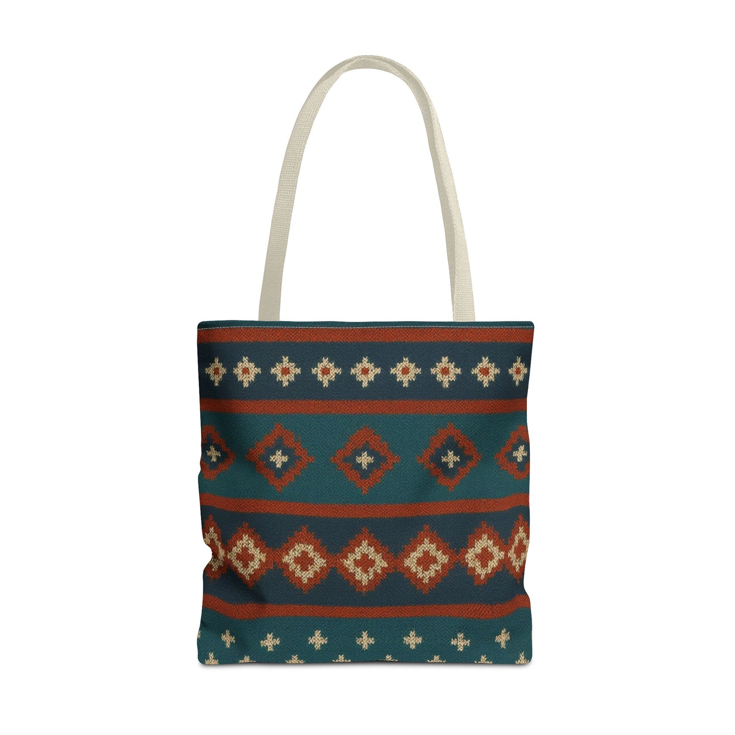 Southwestern diamond pattern tote bag with Aztec tribal geometric print, showcasing vibrant fabric and sturdy handles.