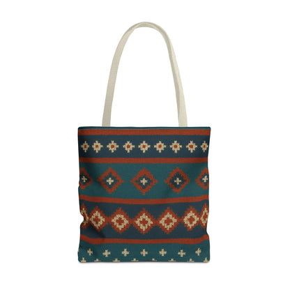 Southwestern diamond pattern tote bag with Aztec tribal geometric print, showcasing vibrant fabric and sturdy handles.