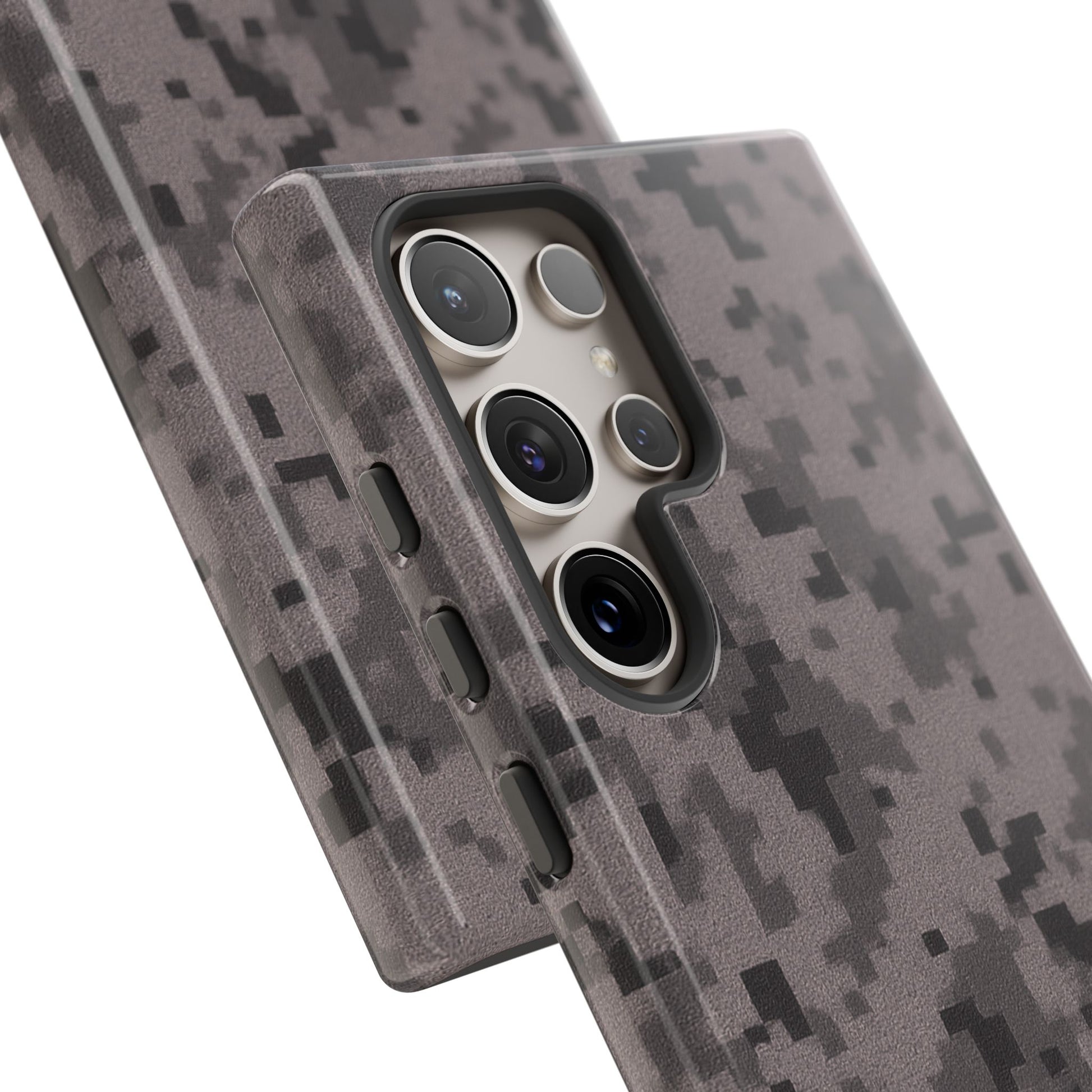 Gray digital camouflage phone case by Printify, rugged and protective cover for smartphones with a tough camouflage design.