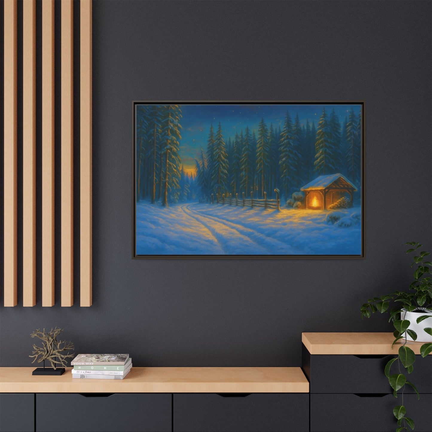 Cozy winter cabin matte framed canvas wall art featuring a snowy forest scene at dusk, ideal for winter home decor.