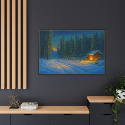 Cozy winter cabin matte framed canvas wall art featuring a snowy forest scene at dusk, ideal for winter home decor.
