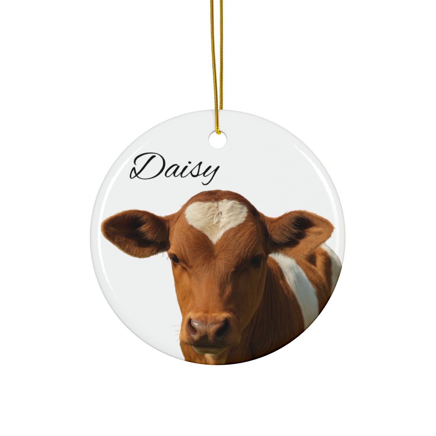Ceramic Heart-Spot Calf ornament with personalized name option, detailed design, and Printify branding visible in the image.