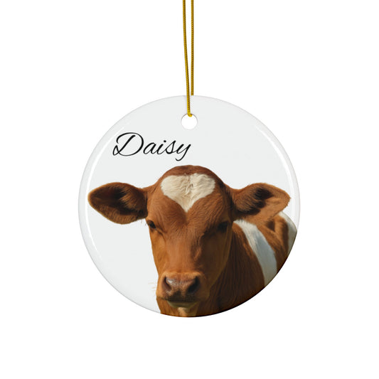 Ceramic Heart-Spot Calf ornament with personalized name option, detailed design, and Printify branding visible in the image.