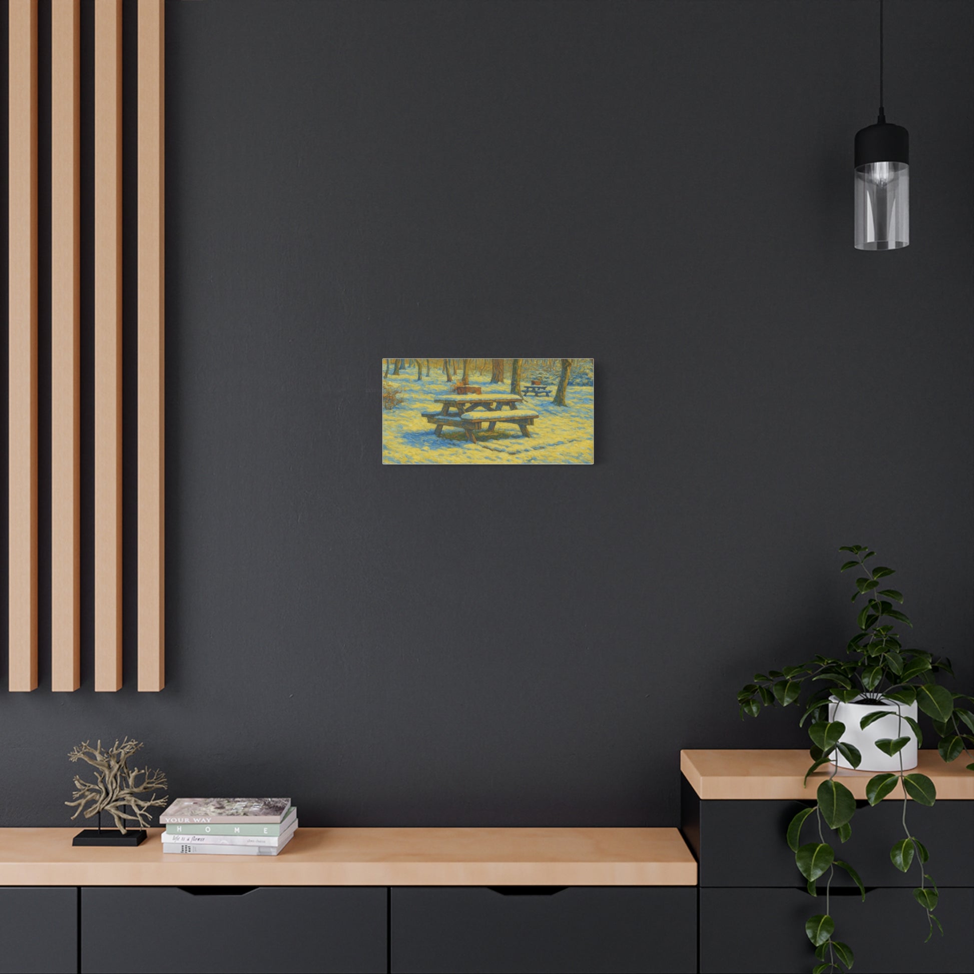 Winter picnic canvas print showcasing a snow-covered park bench wall art by Printify, perfect for cozy winter decor.