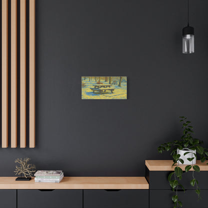 Winter picnic canvas print showcasing a snow-covered park bench wall art by Printify, perfect for cozy winter decor.