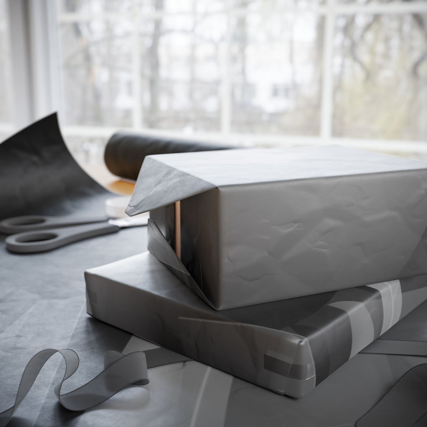 Black and gray geometric shapes wrapping paper by Printify, featuring modern design on gift wrap roll.
