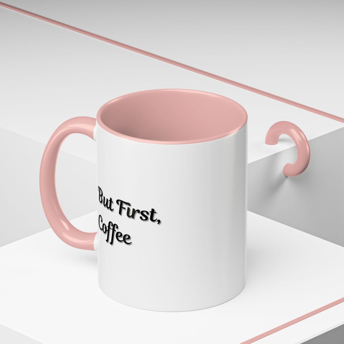 Black handle and rim accent mug by Printify, 11oz or 15oz, with "But First Coffee" design on ceramic coffee cup.