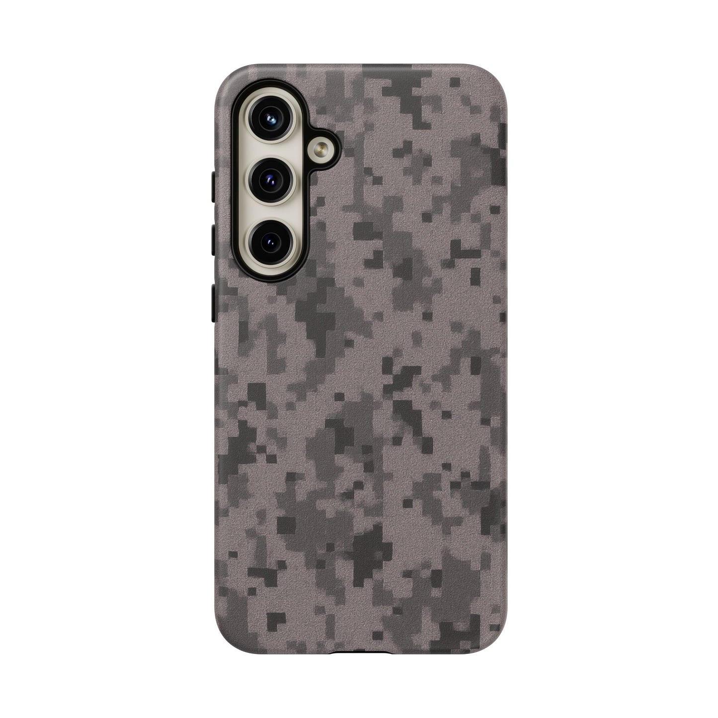 Gray digital camouflage phone case by Printify, tough protective cover for smartphones with a rugged camo design.