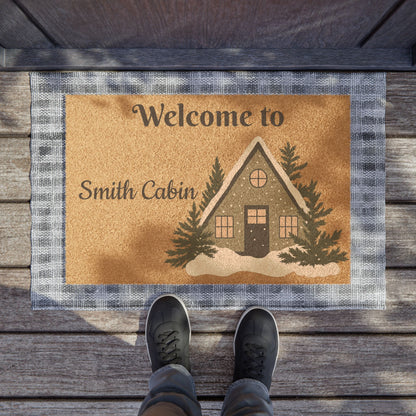 Rustic entry floor mat with "Welcome to The Smith Cabin" in black lettering, perfect for a cozy cabin or rustic home entrance.