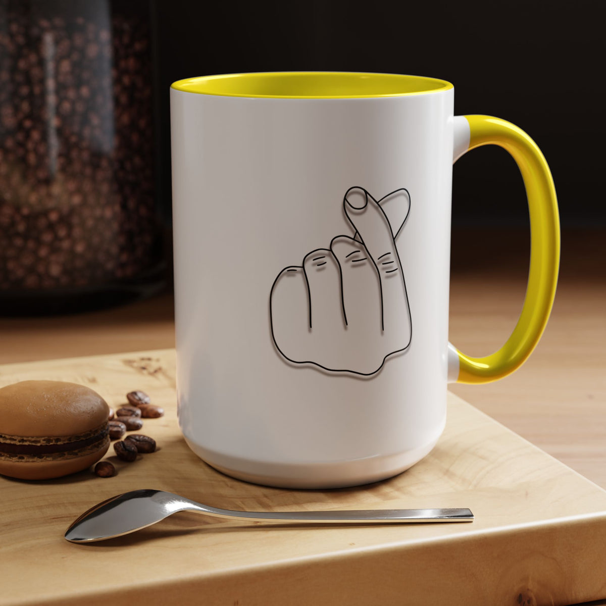 White coffee mug with minimal Korean finger heart accent in black, 11oz or 15oz size, by Printify, shown on a plain background.