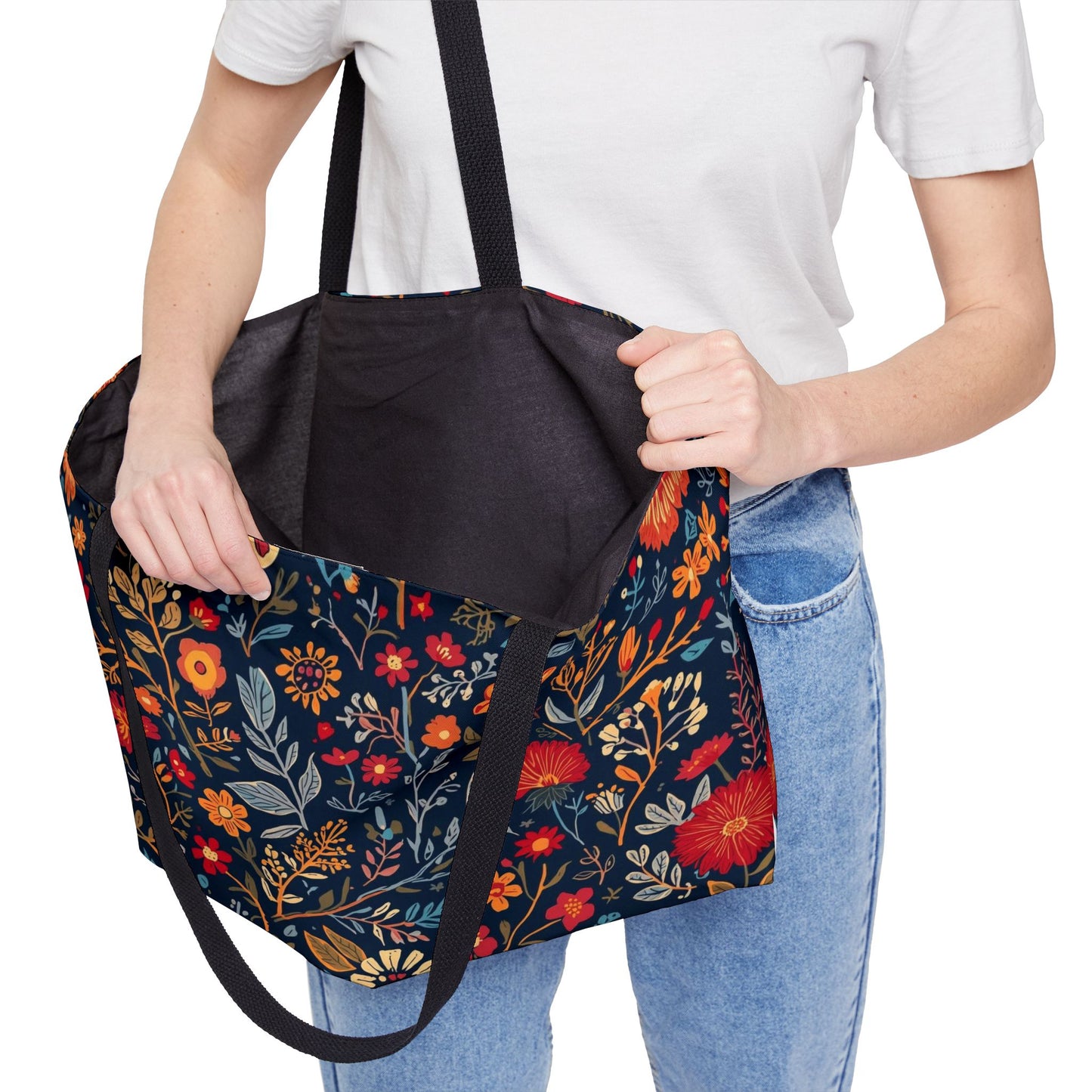 Printify floral weekender tote bag with colorful floral pattern, spacious design for travel, beach, gym, or shopping.