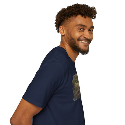 Vintage forest landscape T-shirt by Printify featuring a nature pathway design, with lush trees and scenic woodland imagery.