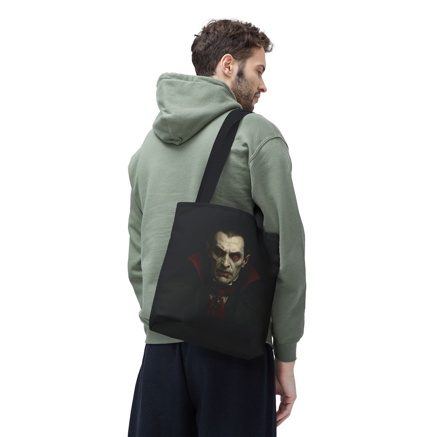 Black vampire tote bag with spooky gothic Halloween design, printed by Printify, featuring a haunting vampire graphic.