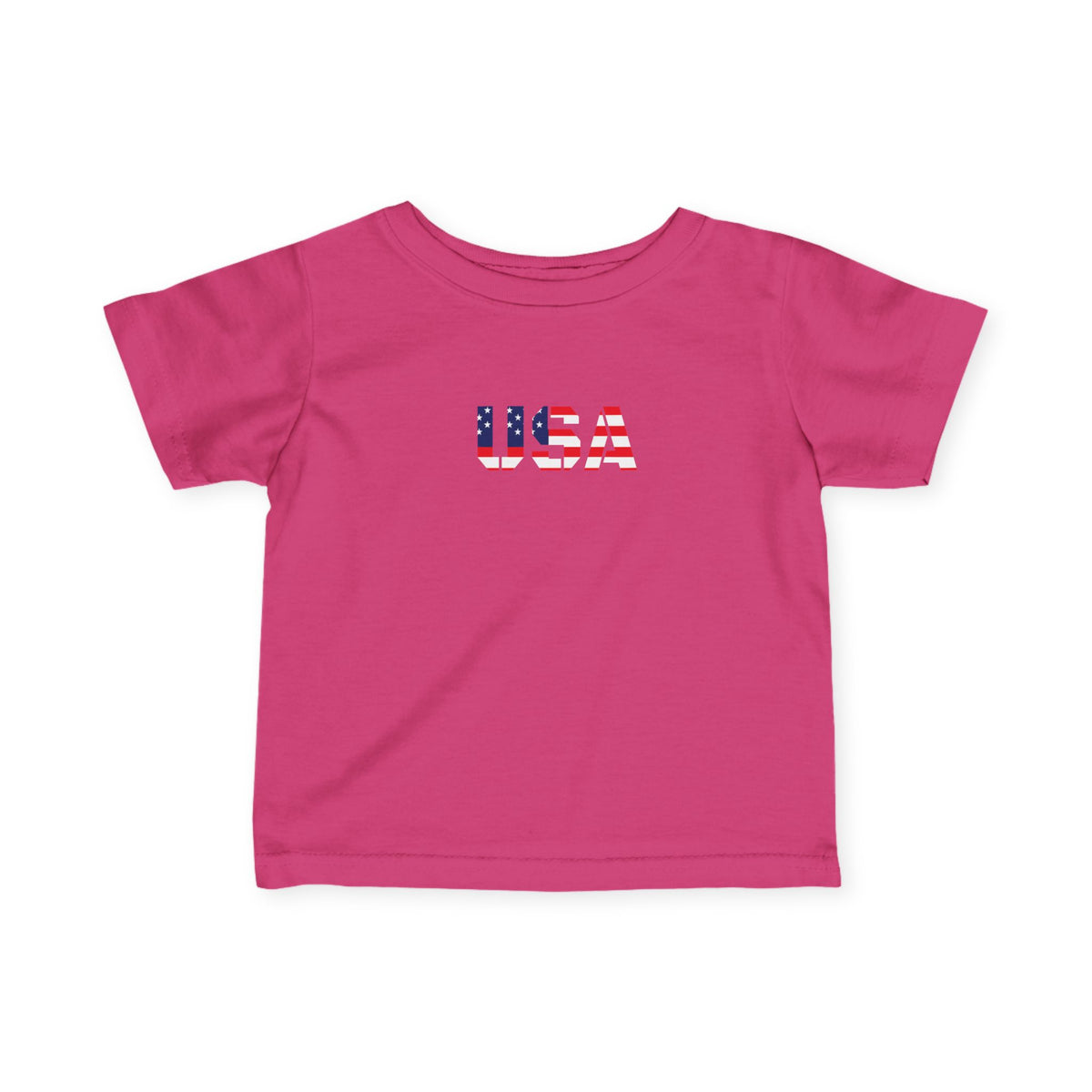 Baby infant tee featuring a USA flag block print, kids' clothing by Printify, with a soft cotton fabric and patriotic design.