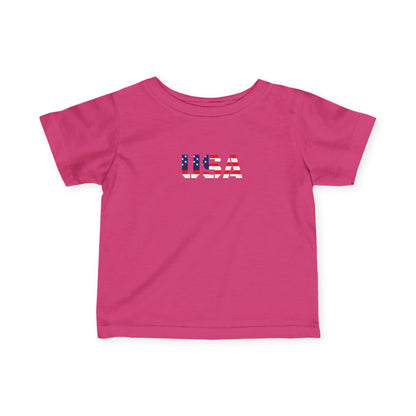 Baby infant tee featuring a USA flag block print, kids' clothing by Printify, with a soft cotton fabric and patriotic design.