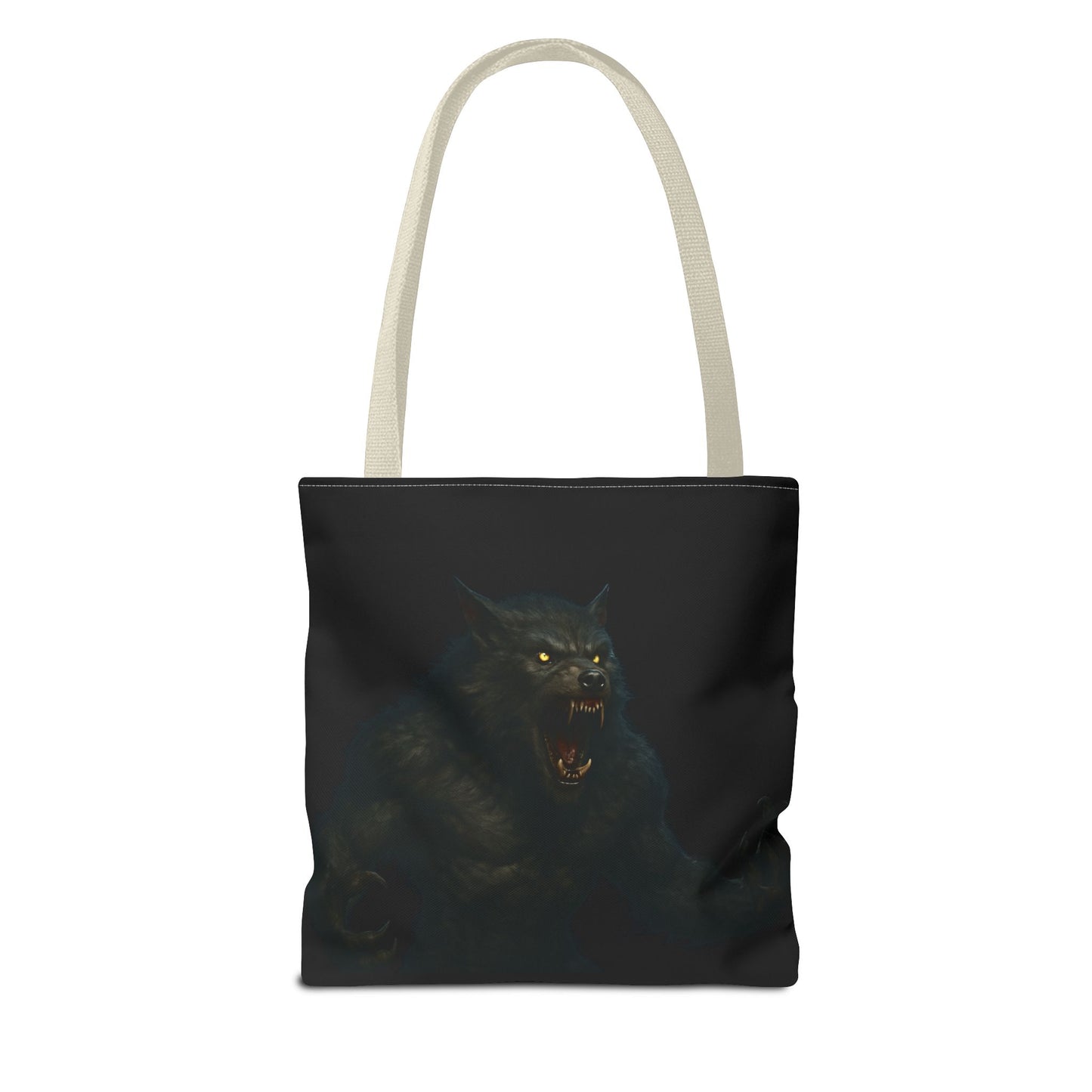 Werewolf tote bag featuring dark Halloween art, perfect gift for horror fans, made by Printify, showcasing a spooky design on fabric.