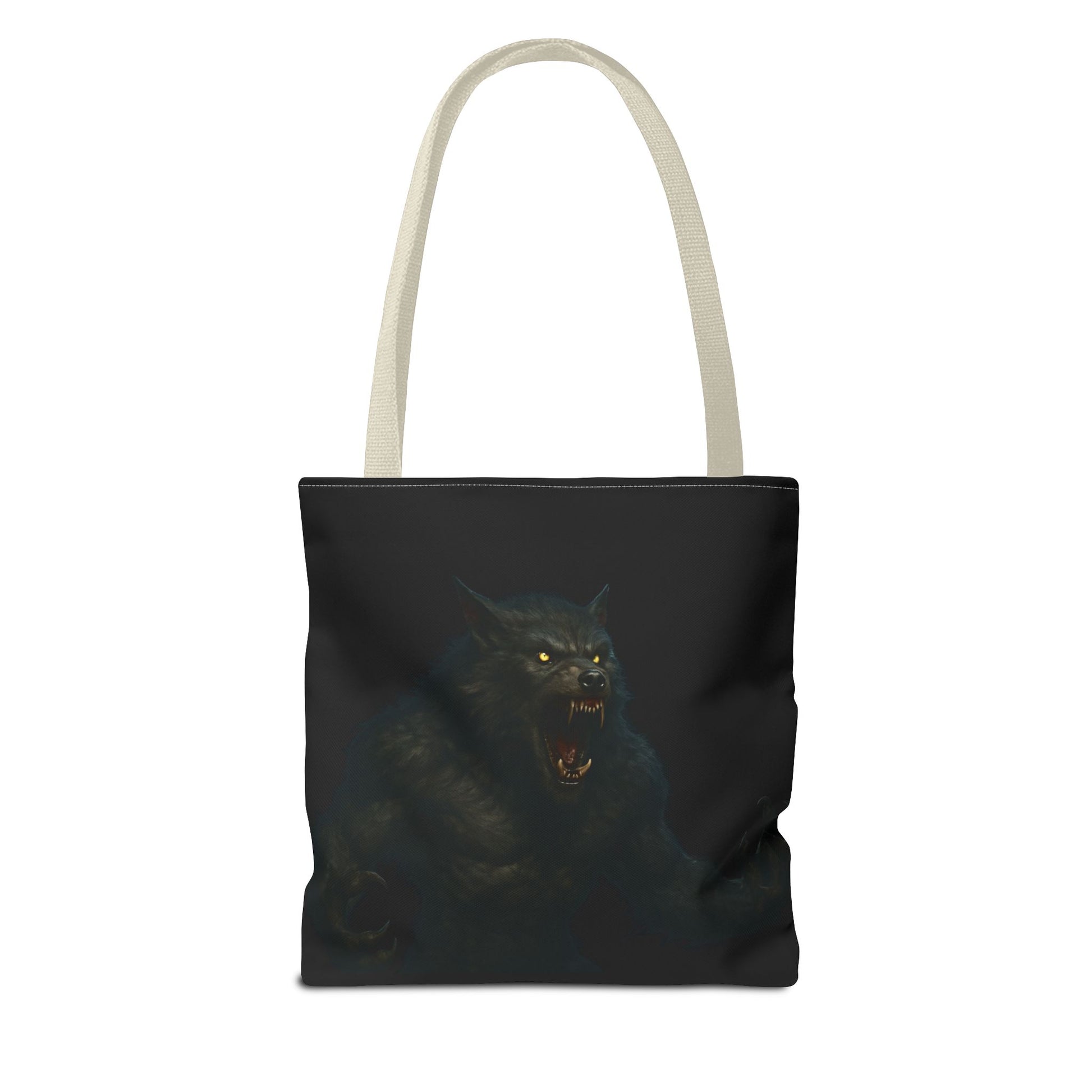 Werewolf tote bag featuring dark Halloween art, perfect gift for horror fans, made by Printify, showcasing a spooky design on fabric.