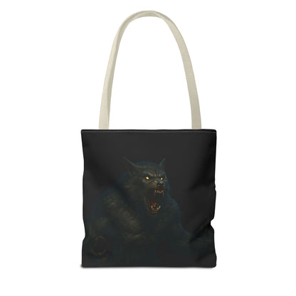 Werewolf tote bag featuring dark Halloween art, perfect gift for horror fans, made by Printify, showcasing a spooky design on fabric.