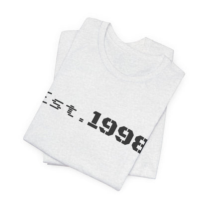 Vintage Est. 1998 T-Shirt by Printify featuring a graphic design celebrating the year of birth.