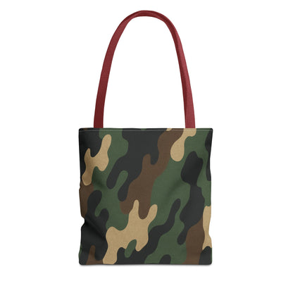 Camo pattern tote bag by Printify with all-over camouflage print, made of durable canvas, ideal for casual carrying and everyday use.