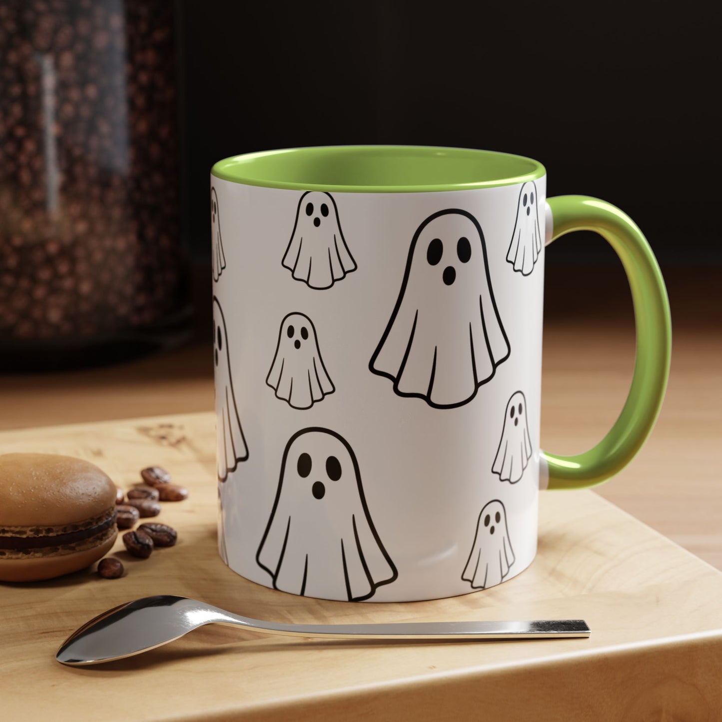 Printify ghost pattern ceramic coffee mug with cute Halloween design in 11oz or 15oz size, perfect for seasonal drinkware.
