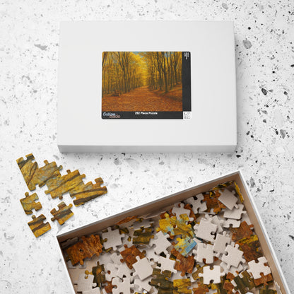 Colorful autumn forest path puzzle featuring fall trees, 520 pieces, by Printify, with vibrant fall foliage and woodland scenery.
