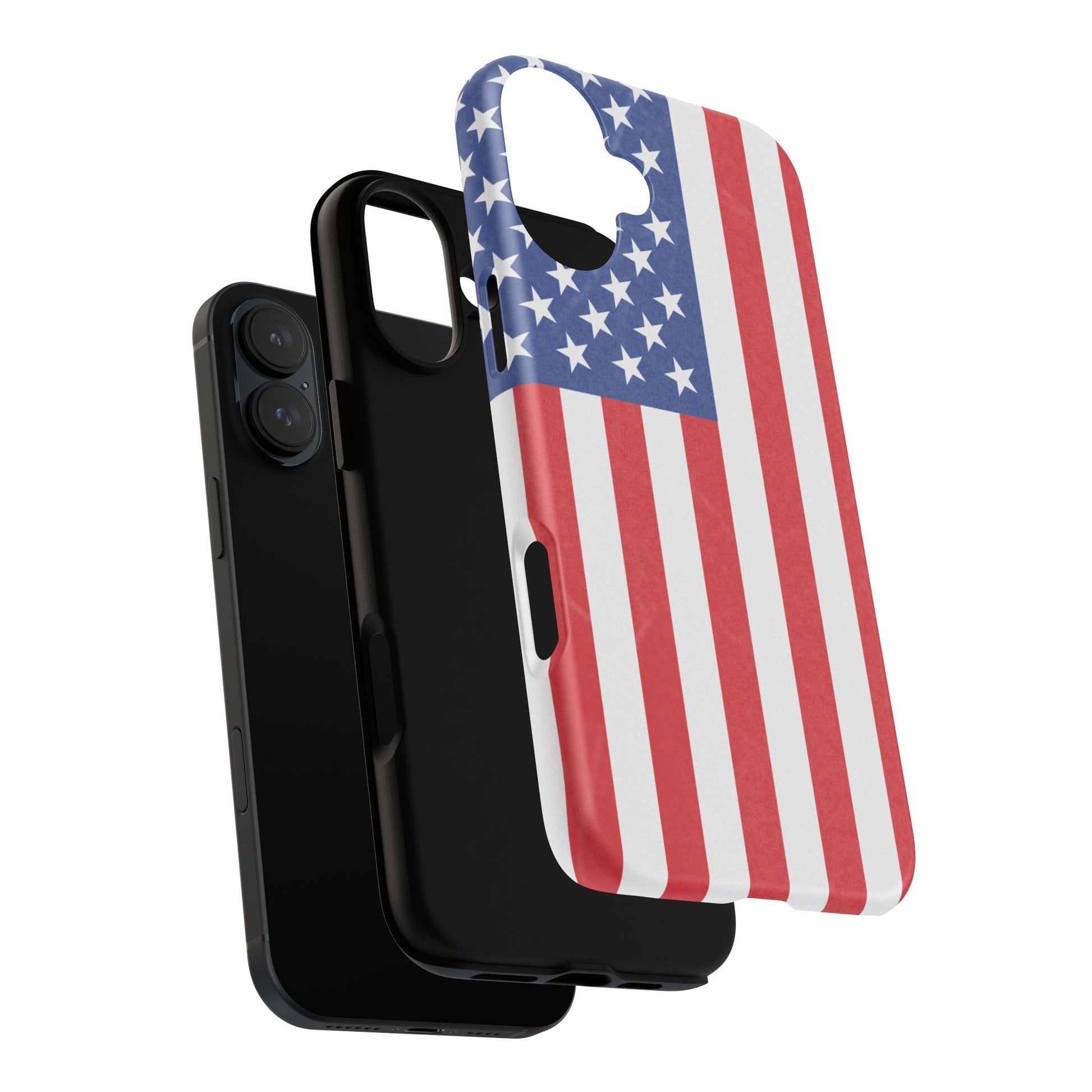 American flag tough phone case for iPhone and Samsung, patriotic protective cover with bold flag design by Printify.