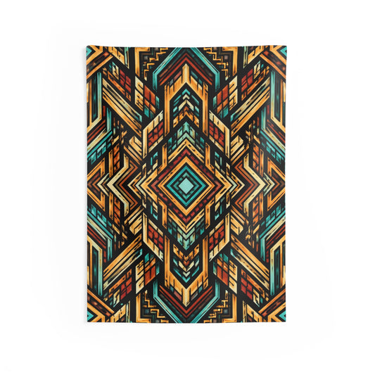 Geometric tribal indoor wall tapestry with boho Aztec pattern, ideal for living room or bedroom decor, by Printify.