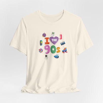 I  Love the 90's Short Sleeve Tee - Retro Graphic Tee, Vintage Style Shirt, Perfect for Casual Outings, 90s Nostalgia Apparel
