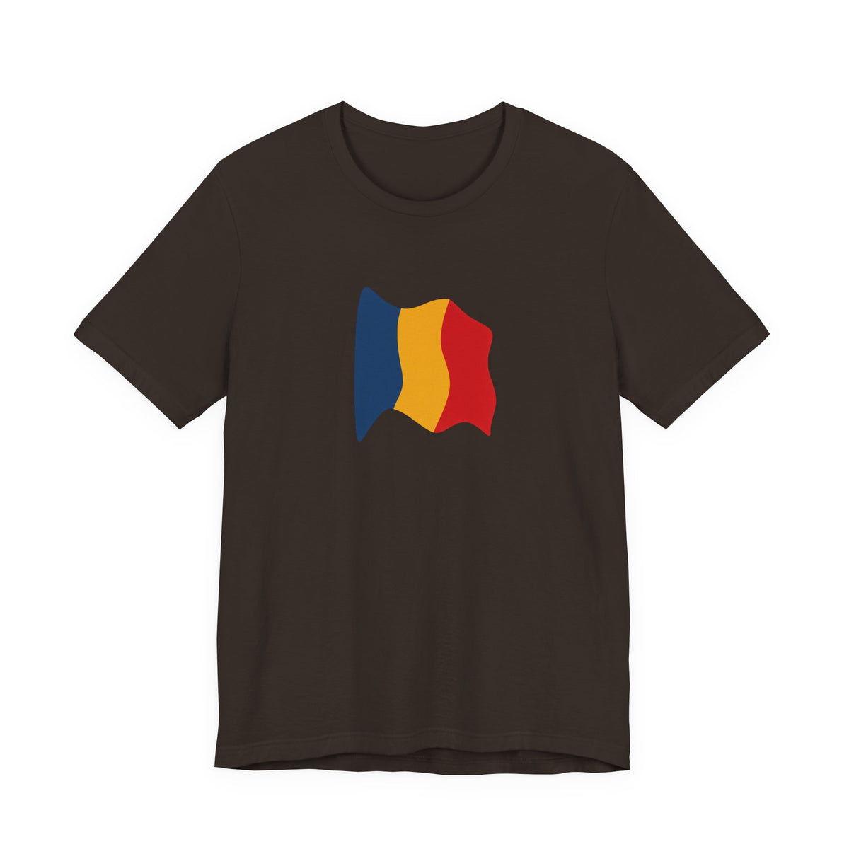 Romania flag T-shirt by Printify featuring a minimal waving tricolor design on a casual tee.