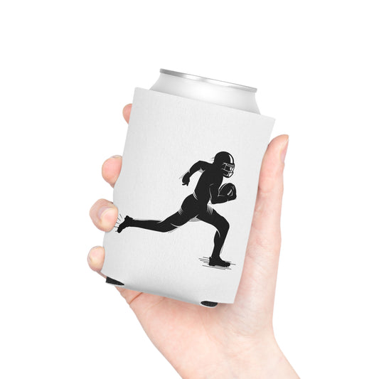 Football player themed can cooler featuring a running ball carrier design, ideal for keeping beverages cold.