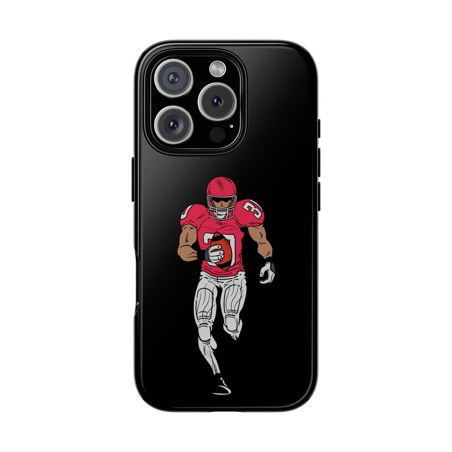 Black football player tough phone case for iPhone, protective sports-themed case with athletic design by Printify