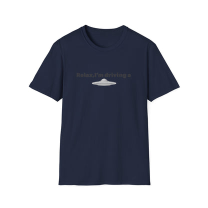 Funny alien graphic T-shirt by Printify featuring a UFO design, perfect for sci-fi fans and casual wear.