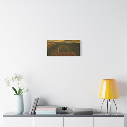 Autumn Ridge Road matte stretched canvas featuring a moody forest landscape wall art by Printify