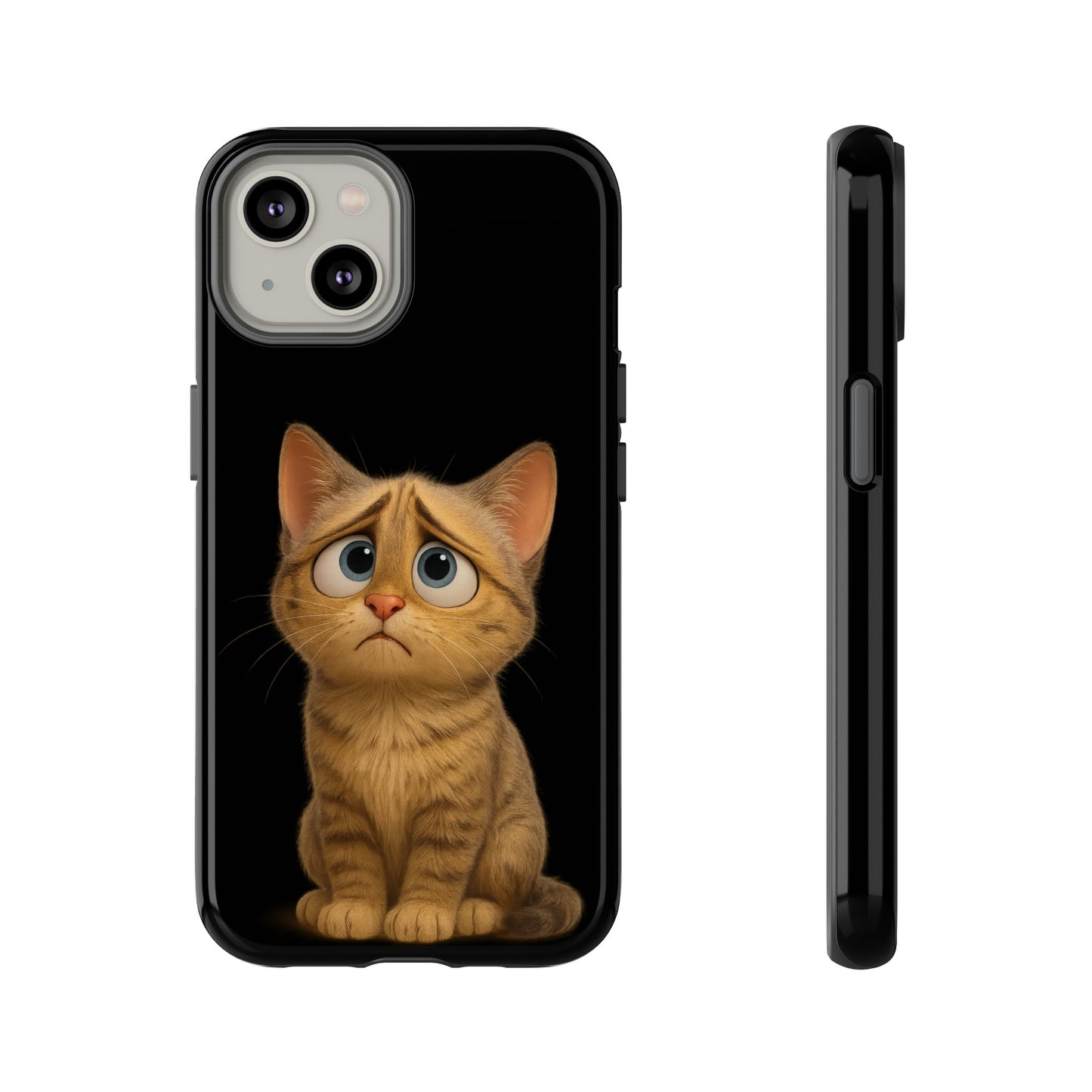 Cute sad kitty print phone case for iPhone, protective Cat Phone Case by Printify featuring a sad kitty design.